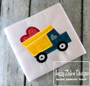 Dump truck with Valentine heart appliqué machine embroidery design