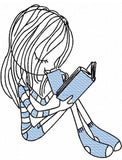 Swirly girl reading and drinking coffee sketch machine embroidery design