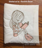 Swirly girl reading and drinking coffee sketch machine embroidery design