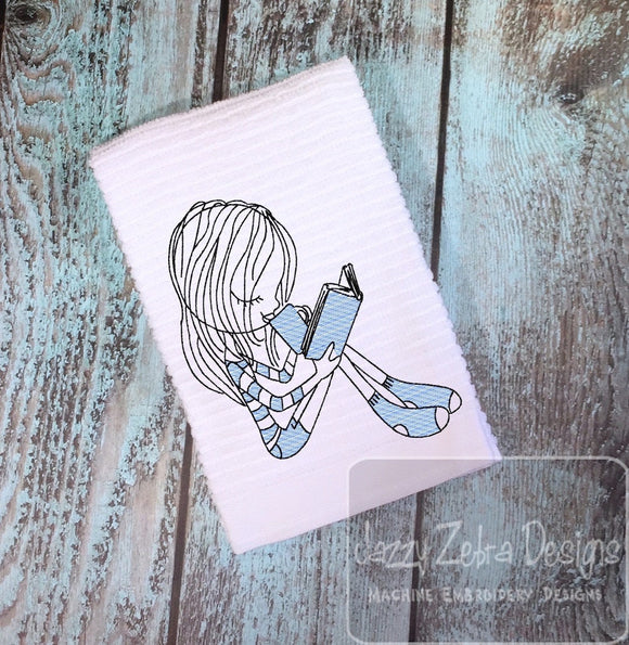 Swirly girl reading and drinking coffee sketch machine embroidery design