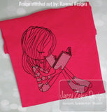 Swirly girl reading and drinking coffee sketch machine embroidery design