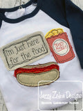 I'm just here for the food saying hotdog and popcorn shabby chic bean stitch appliqué machine embroidery design