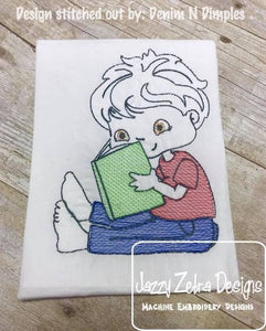 Boy reading book sketch machine embroidery design