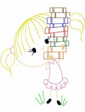 Girl with stack of books vintage stitch machine embroidery design