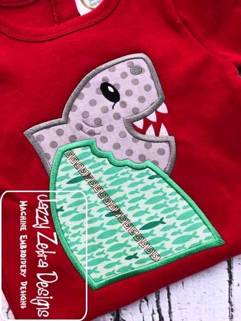 Shark with surf board appliqué machine embroidery design