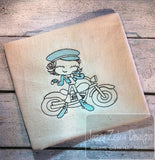 Swirly girl with Motorcycle sketch machine embroidery design