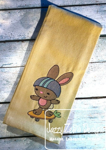 Boy Bunny riding carrot skate board sketch machine embroidery design