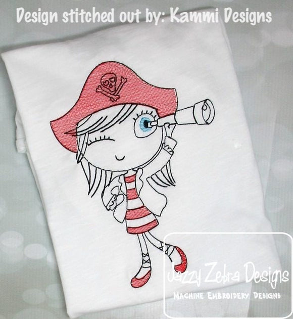 Swirly girl pirate sketch machine embroidery design