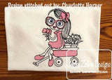 Swirly girl with wagon of flowers sketch machine embroidery design