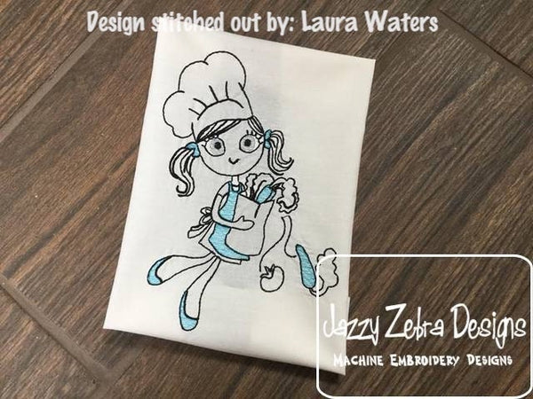 Swirly girl chef sketch machine embroidery design – Jazzy Zebra