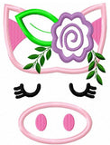 Pig face with flower appliqué machine embroidery design