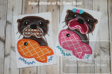 Girl Otter with fish appliqué machine embroidery design