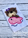 Girl Otter with fish appliqué machine embroidery design