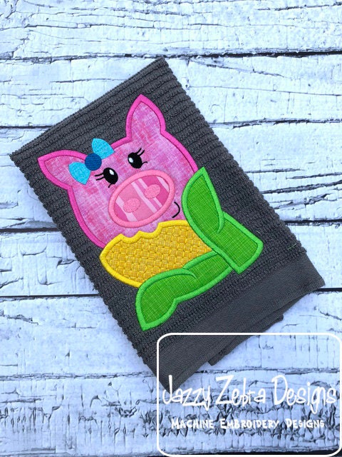 Girl Pig eating corn appliqué embroidery design