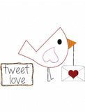 Tweet Love saying Valentine's Day Bird shabby chic bean stitch appliqué machine embroidery design