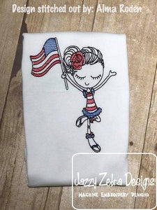 Swirly girl holding flag 4th of July patriotic sketch machine embroidery design