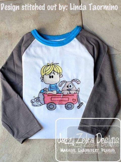Boy with puppy in wagon sketch machine embroidery design