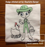 Swirly boy farmer with Chicken sketch machine embroidery design