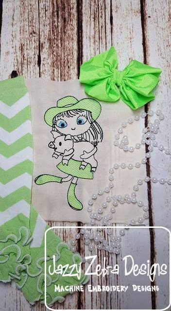Swirly girl with pig sketch machine embroidery design