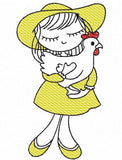 Swirly girl with chicken sketch machine embroidery design