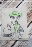 Swirly boy farmer with Chicken sketch machine embroidery design