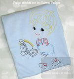 Vintage boy with toy stick horse vintage stitch machine embroidery design