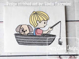 Boy fishing sketch machine embroidery design