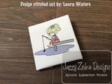 Girl fishing from the dock sketch machine embroidery design