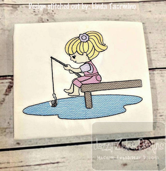 Girl fishing from the dock sketch machine embroidery design