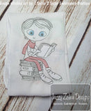Swirly boy reading book sketch machine embroidery design