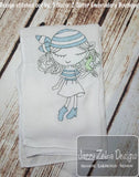 Swirly girl pirate with parrot sketch machine embroidery design