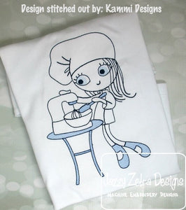 Swirly girl chef sketch machine embroidery design