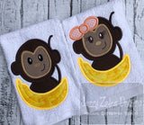 Girl Monkey with banana appliqué machine embroidery design