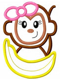 Girl Monkey with banana appliqué machine embroidery design