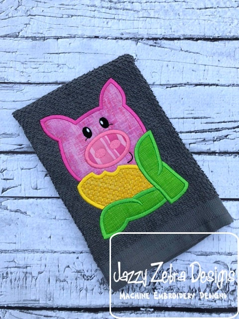 Pig eating corn appliqué machine embroidery design