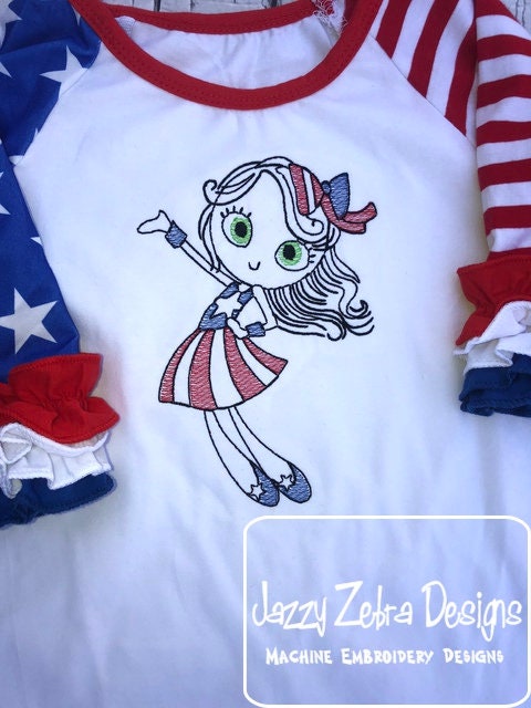 Swirly girl patriotic 4th of July sketch machine embroidery design