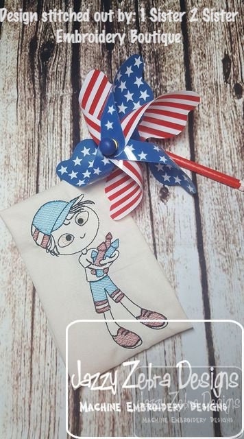 Swirly boy patriotic with fireworks sketch machine embroidery design
