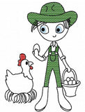 Swirly boy farmer with Chicken sketch machine embroidery design