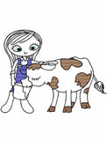 Swirly girl with cow sketch machine embroidery design