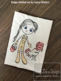 Swirly girl with chicken sketch machine embroidery design