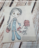 Swirly girl with chicken sketch machine embroidery design