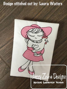 Swirly girl with chicken sketch machine embroidery design