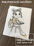Swirly girl sitting at school desk sketch machine embroidery design