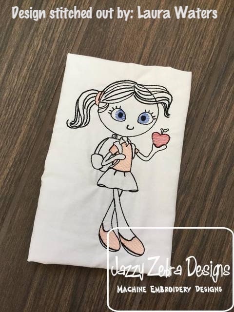 Swirly girl holding apple for teacher school sketch machine embroidery design