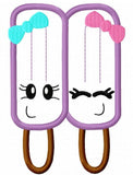 Girl Double Popsicle with faces appliqué machine embroidery design