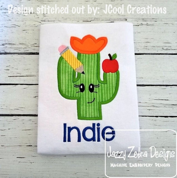 Cactus with pencil and apple applique machine embroidery design