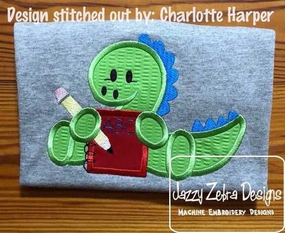 School Dinosaur with pencil and notebook applique machine embroidery design