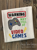 Warning may yell at video games saying game controller machine embroidery design