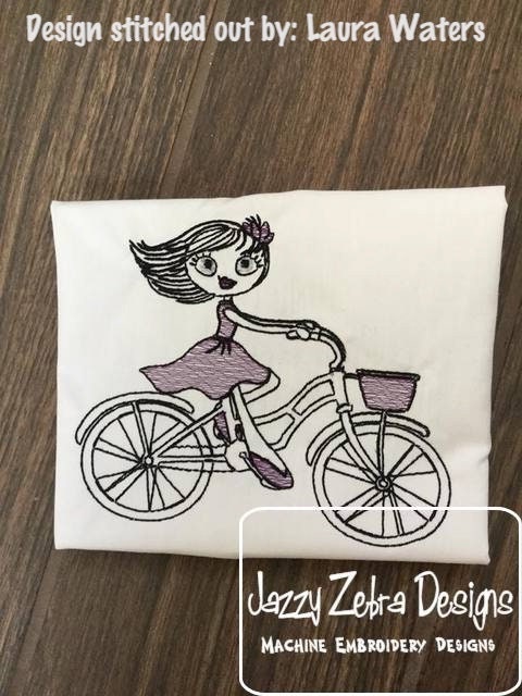 Swirly Girl Riding Bicycle Sketch Machine Embroidery Design