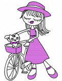 Swirly girl riding bicycle sketch machine embroidery design
